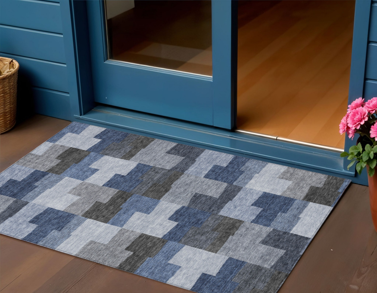 3' X 5' Navy Blue And Sky Blue Geometric Washable Indoor Outdoor Area Rug-580382-1