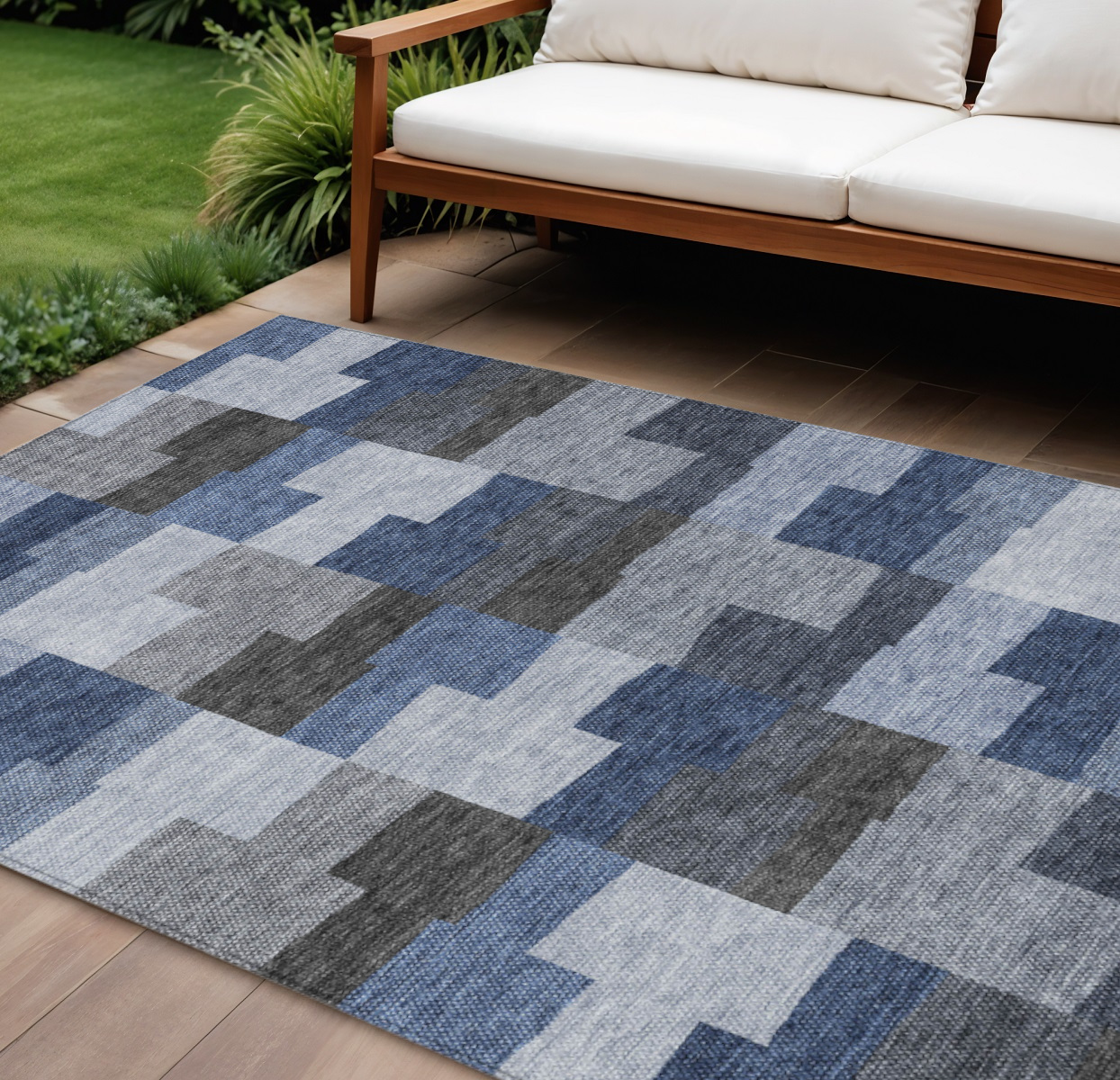 8' X 10' Navy Blue And Sky Blue Geometric Washable Indoor Outdoor Area Rug-580385-1