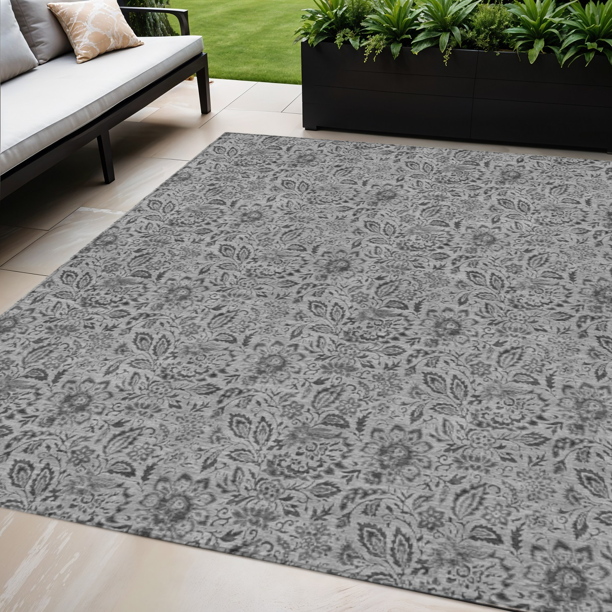 5' X 8' Gray Silver And Charcoal Floral Washable Indoor Outdoor Area Rug-580437-1