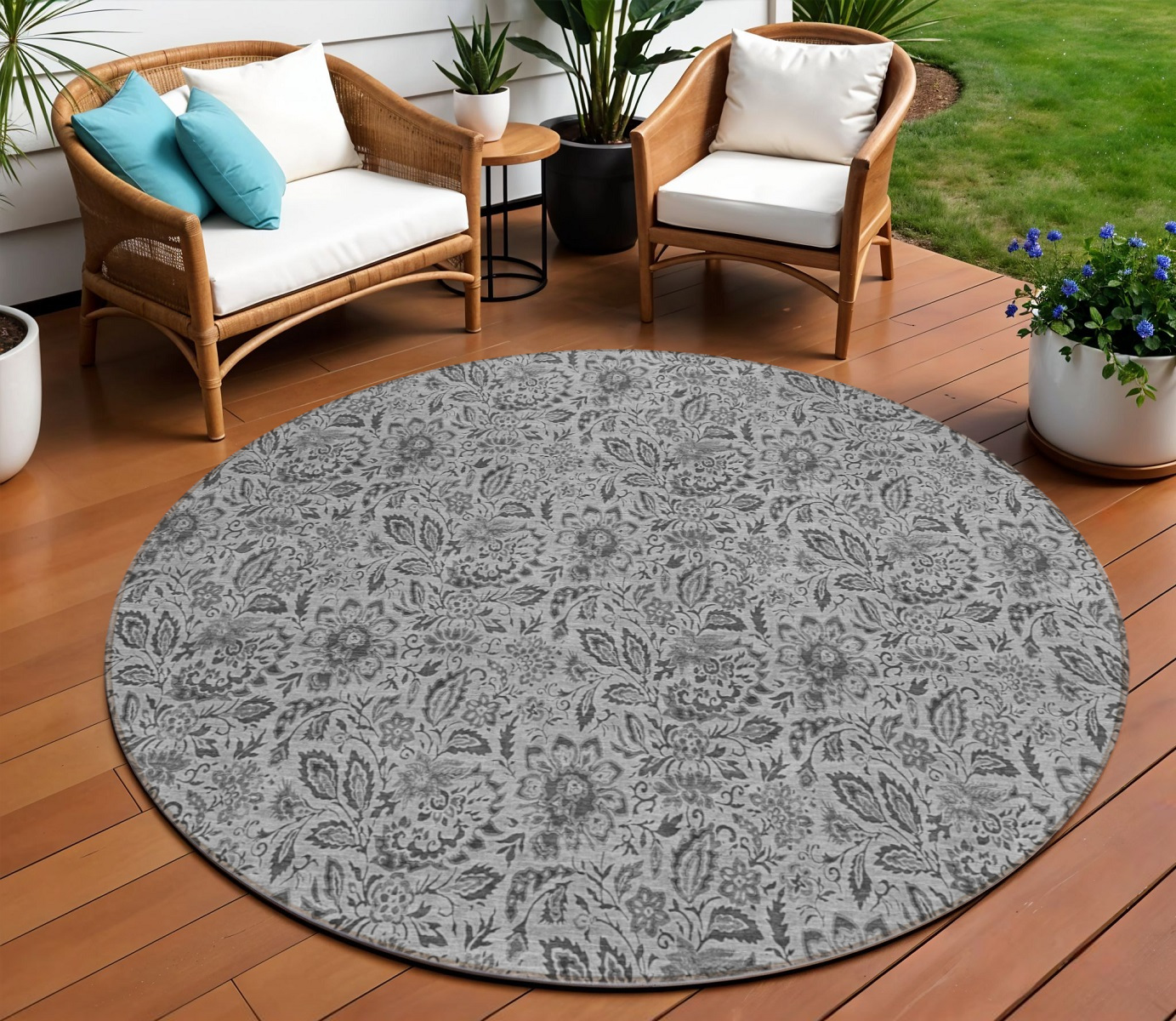 8' Gray Silver And Charcoal Round Floral Washable Indoor Outdoor Area Rug-580438-1