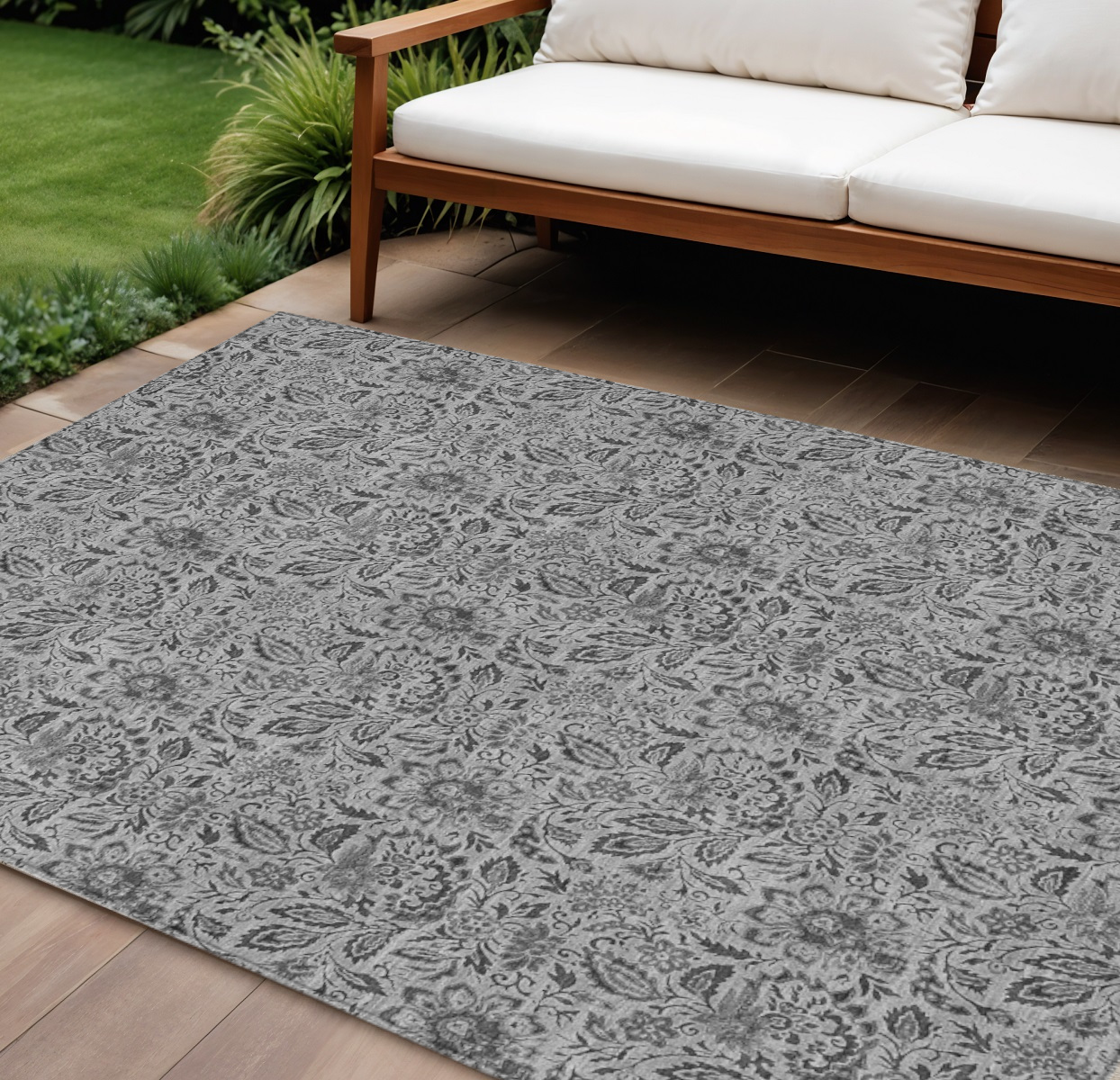8' X 10' Gray Silver And Charcoal Floral Washable Indoor Outdoor Area Rug-580439-1