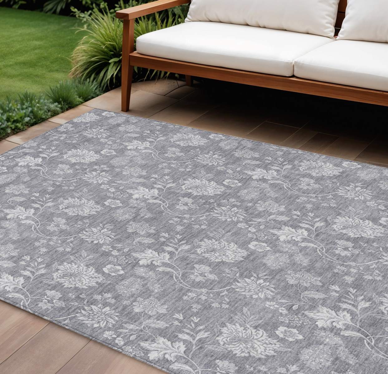 8' X 10' Gray Silver And Ivory Floral Washable Indoor Outdoor Area Rug-581452-1