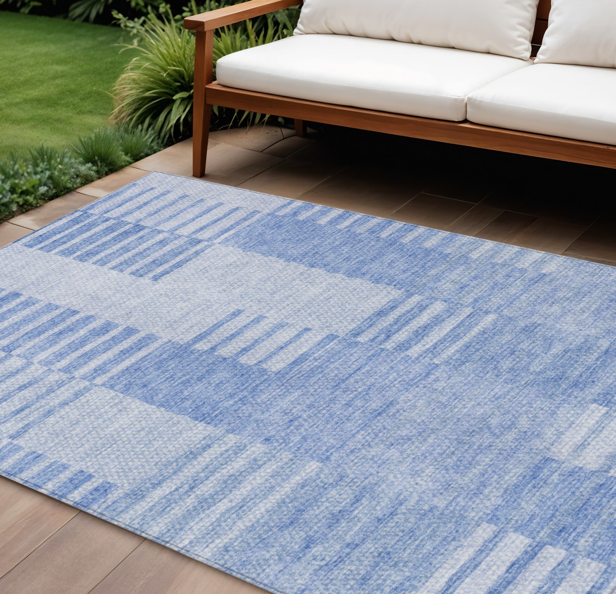 9' X 12' Sky Blue And Denim Blue Striped Washable Indoor Outdoor Area Rug-581645-1