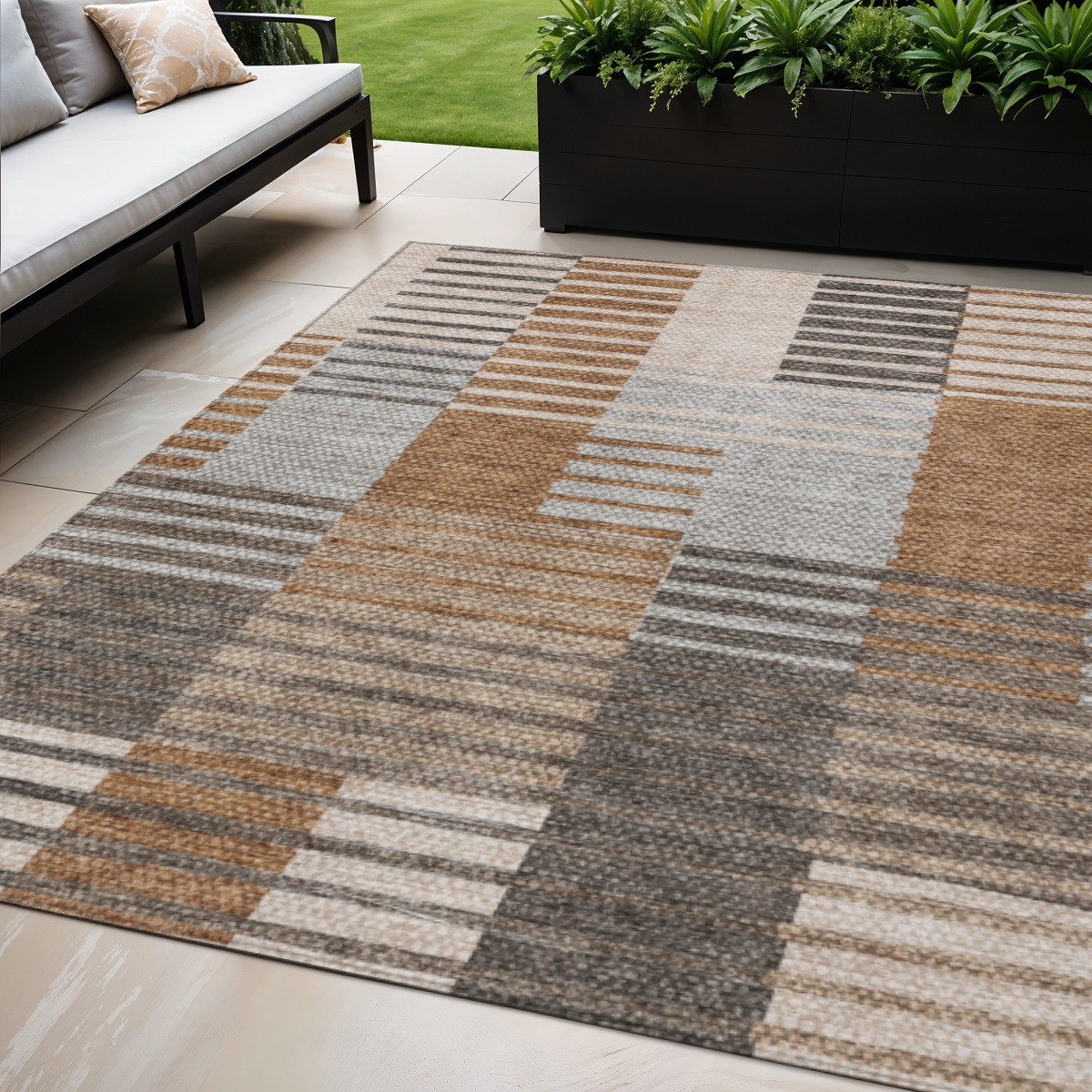 5' X 8' Chocolate And Gray Striped Washable Indoor Outdoor Area Rug-581702-1