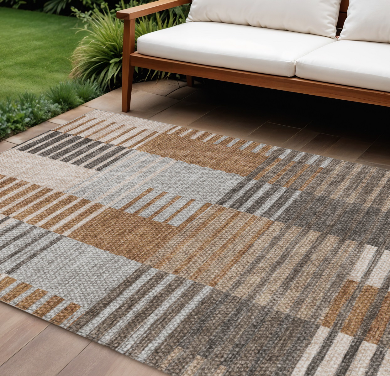 8' X 10' Chocolate And Gray Striped Washable Indoor Outdoor Area Rug-581704-1