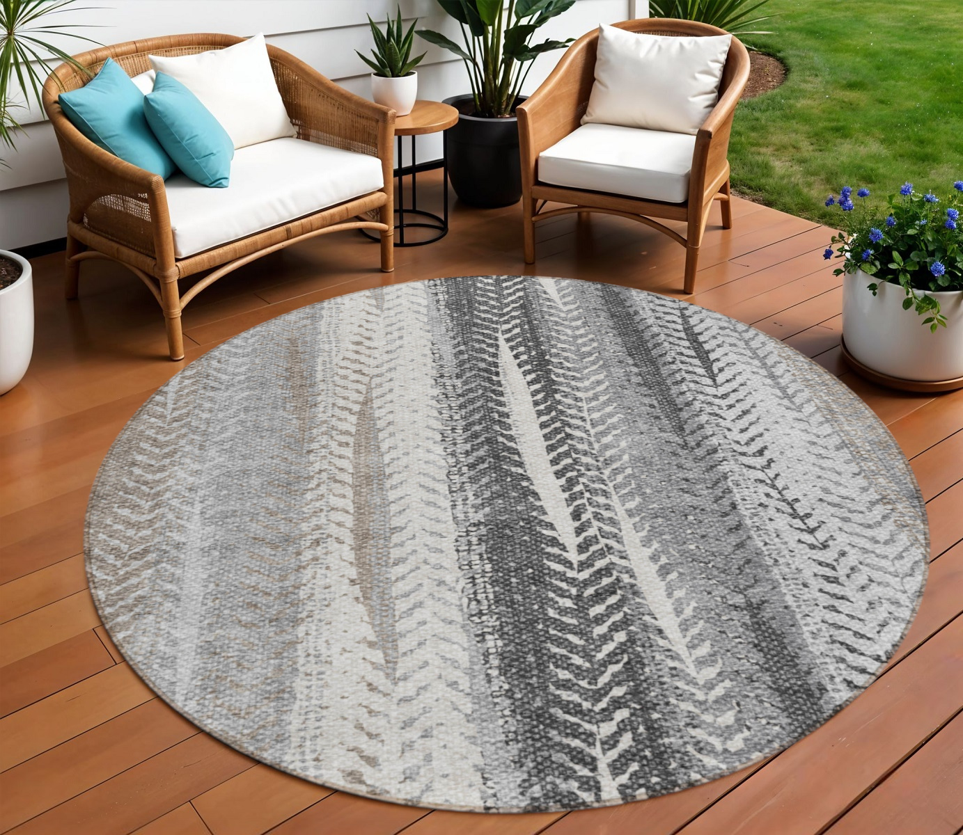 8' Khaki Ivory And Gray Round Botanical Leaves Washable Indoor Outdoor Area Rug-581944-1