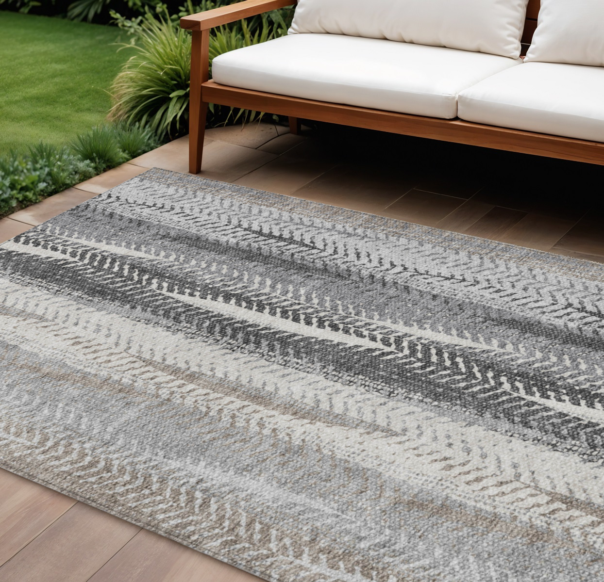 9' X 12' Khaki Ivory And Gray Botanical Leaves Washable Indoor Outdoor Area Rug-581946-1
