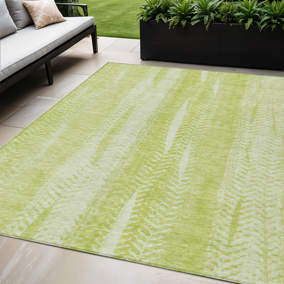 5' X 8' Artichoke Green And Ivory Botanical Leaves Washable Indoor Outdoor Area Rug-581955-1