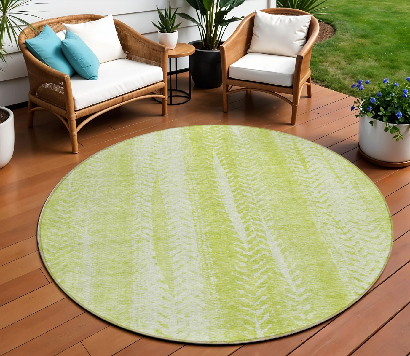 8' Artichoke Green And Ivory Round Botanical Leaves Washable Indoor Outdoor Area Rug-581956-1