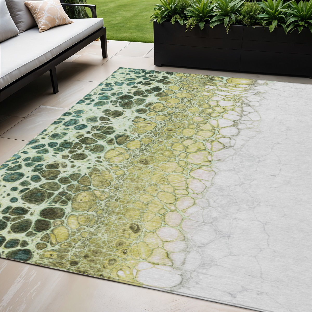 5' X 8' Olive Green And Gold Abstract Washable Indoor Outdoor Area Rug-582531-1