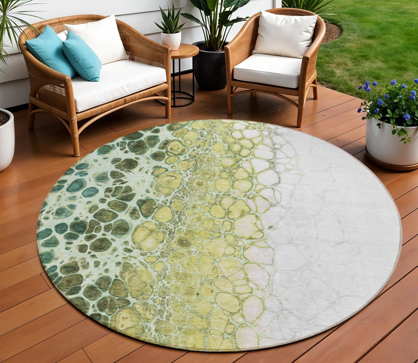 8' Olive Green And Gold Round Abstract Washable Indoor Outdoor Area Rug-582532-1