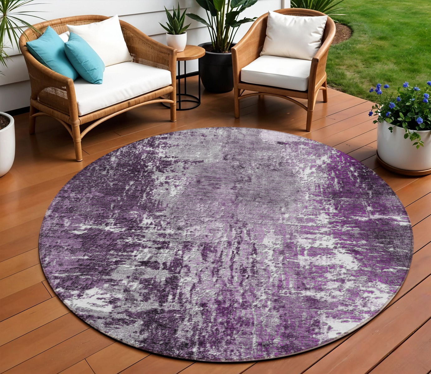 8' Eggplant Purple And Lavender Round Abstract Washable Indoor Outdoor Area Rug-582916-1