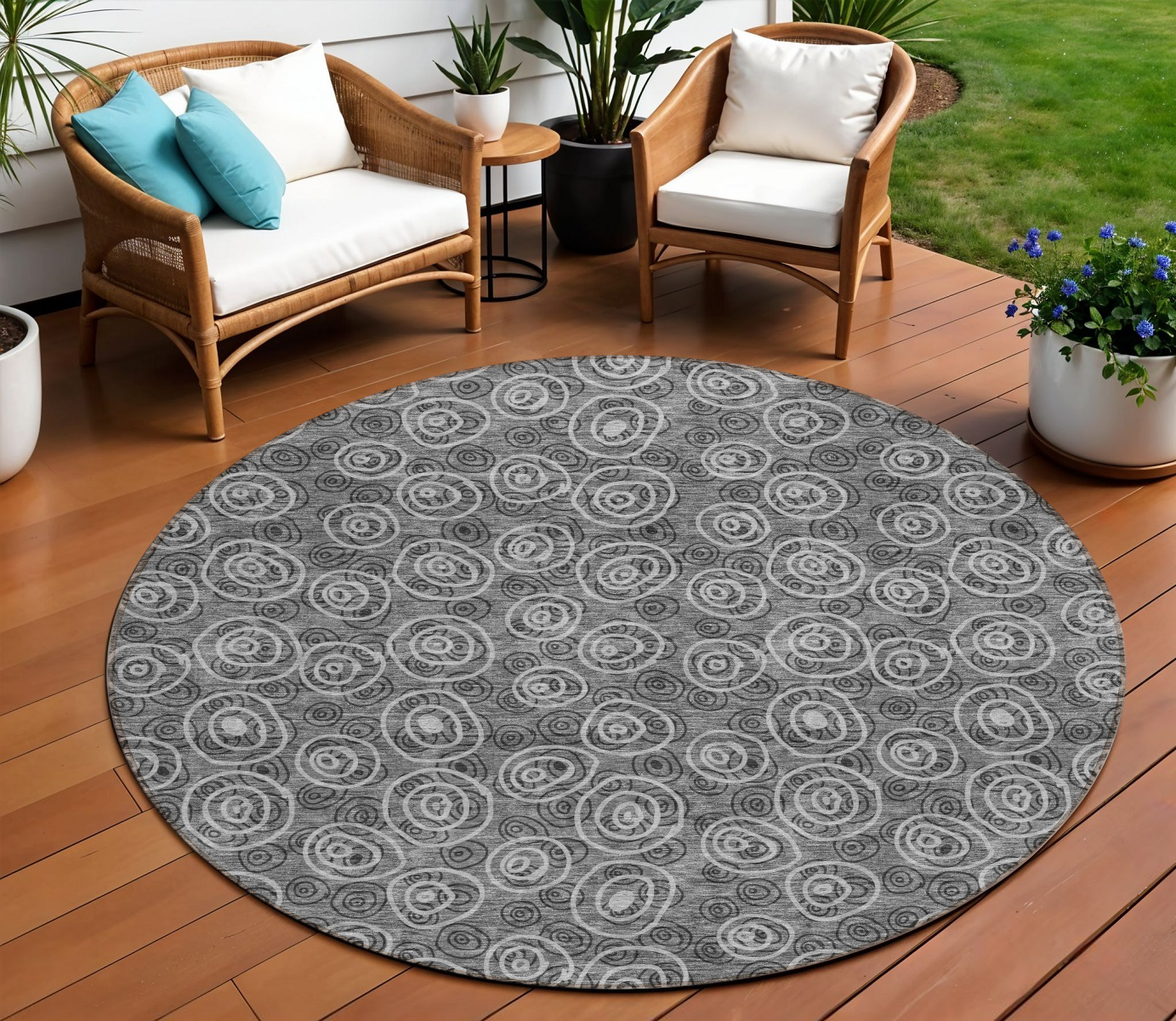 8' Gray Charcoal And Silver Round Geometric Washable Indoor Outdoor Area Rug-583356-1
