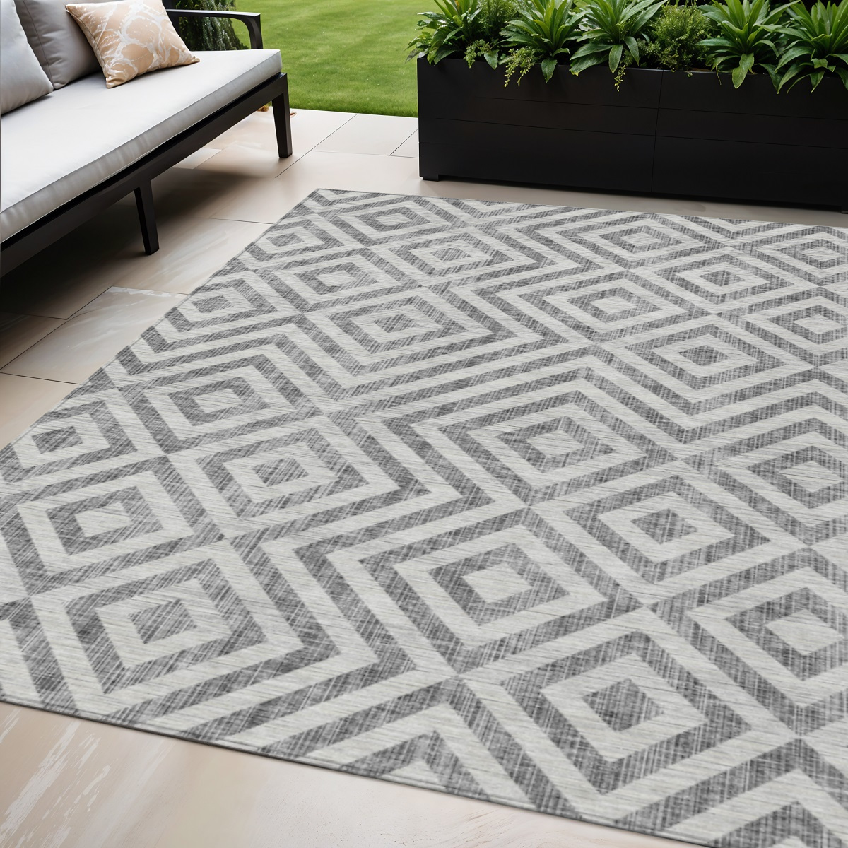 5' X 8' Gray Silver And Ivory Geometric Washable Indoor Outdoor Area Rug-583715-1