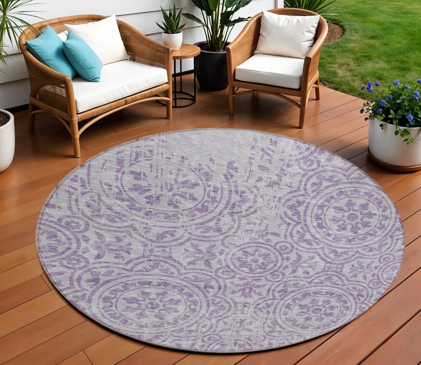 8' Lavender And Lilac Round Medallion Washable Indoor Outdoor Area Rug-585354-1