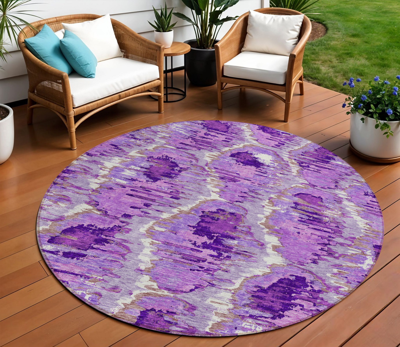 8' Lavender Purple And Ivory Round Abstract Washable Indoor Outdoor Area Rug-586032-1