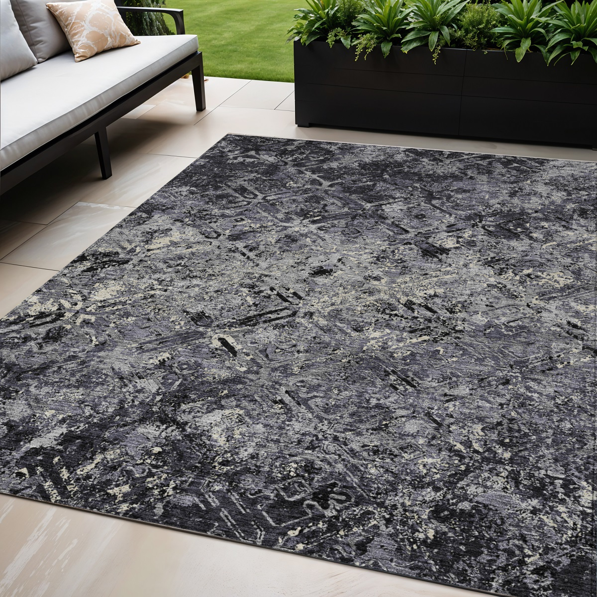5' X 8' Black Gray And Silver Geometric Washable Indoor Outdoor Area Rug-586061-1