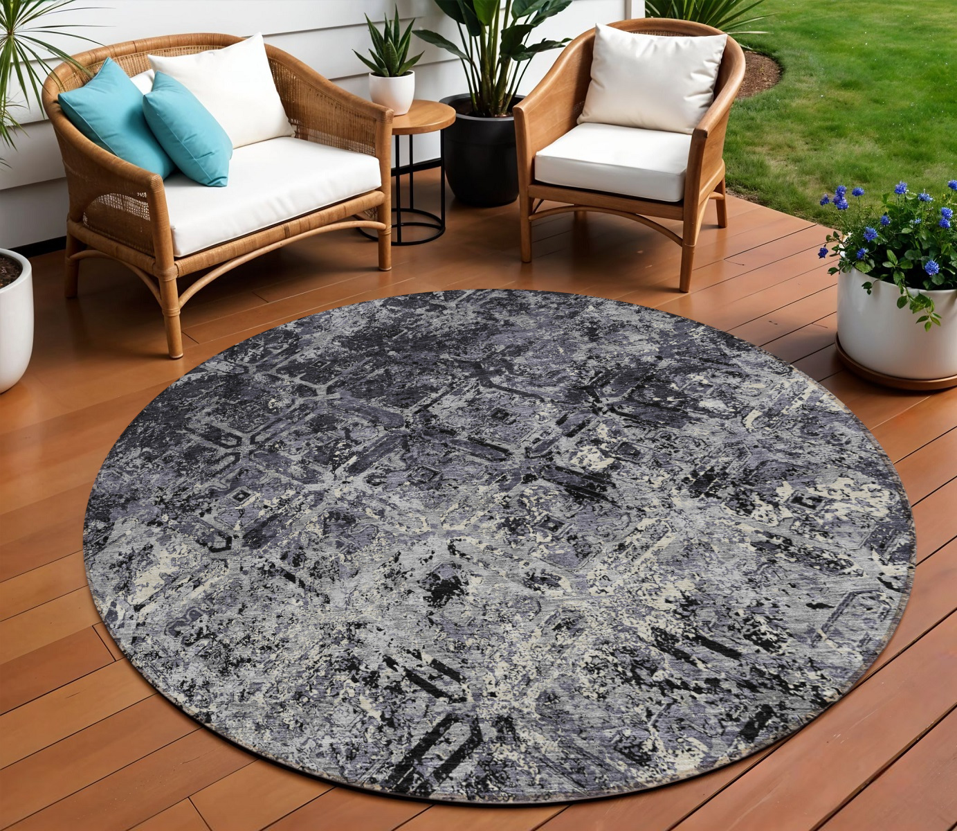 8' Black Gray And Silver Round Geometric Washable Indoor Outdoor Area Rug-586062-1