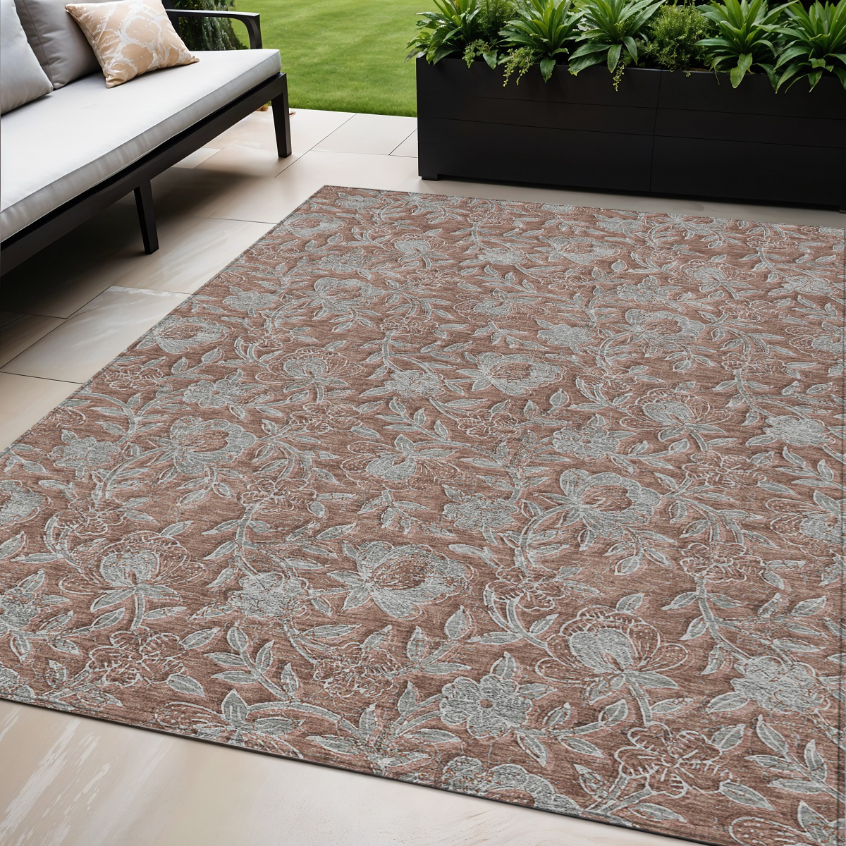 5' X 8' Terra Cotta Copper And Taupe Floral Washable Indoor Outdoor Area Rug-586295-1
