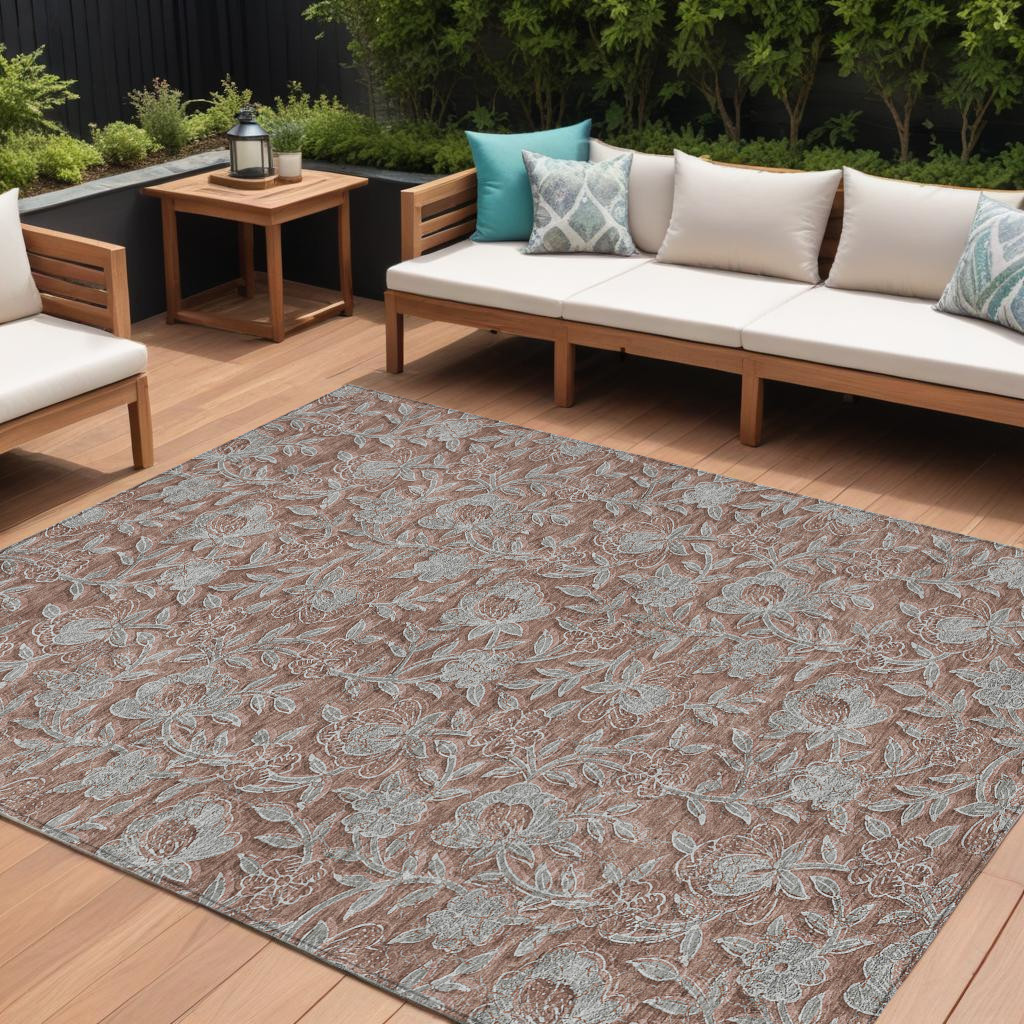 9' X 12' Terra Cotta Copper And Taupe Floral Washable Indoor Outdoor Area Rug-586298-1