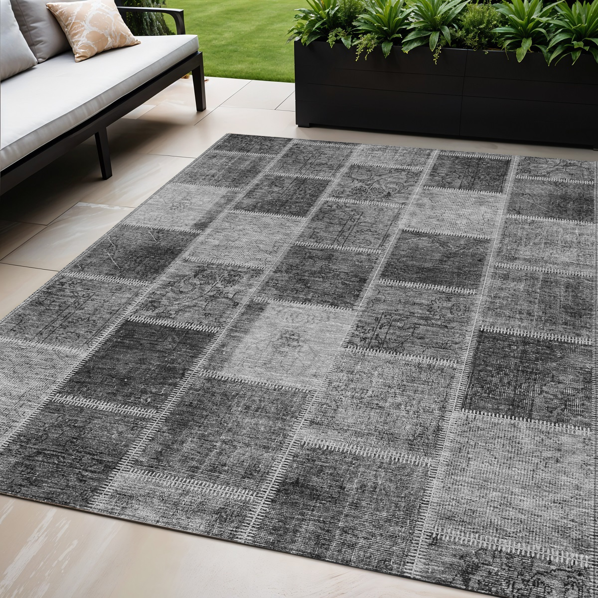 5' X 8' Gray Charcoal And Silver Patchwork Washable Indoor Outdoor Area Rug-586313-1
