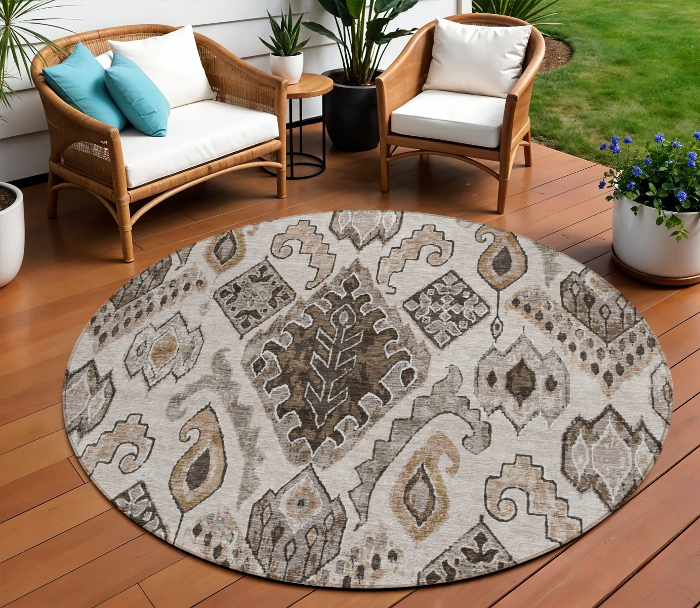 8' Brown And Beige Round Moroccan Washable Indoor Outdoor Area Rug-586434-1