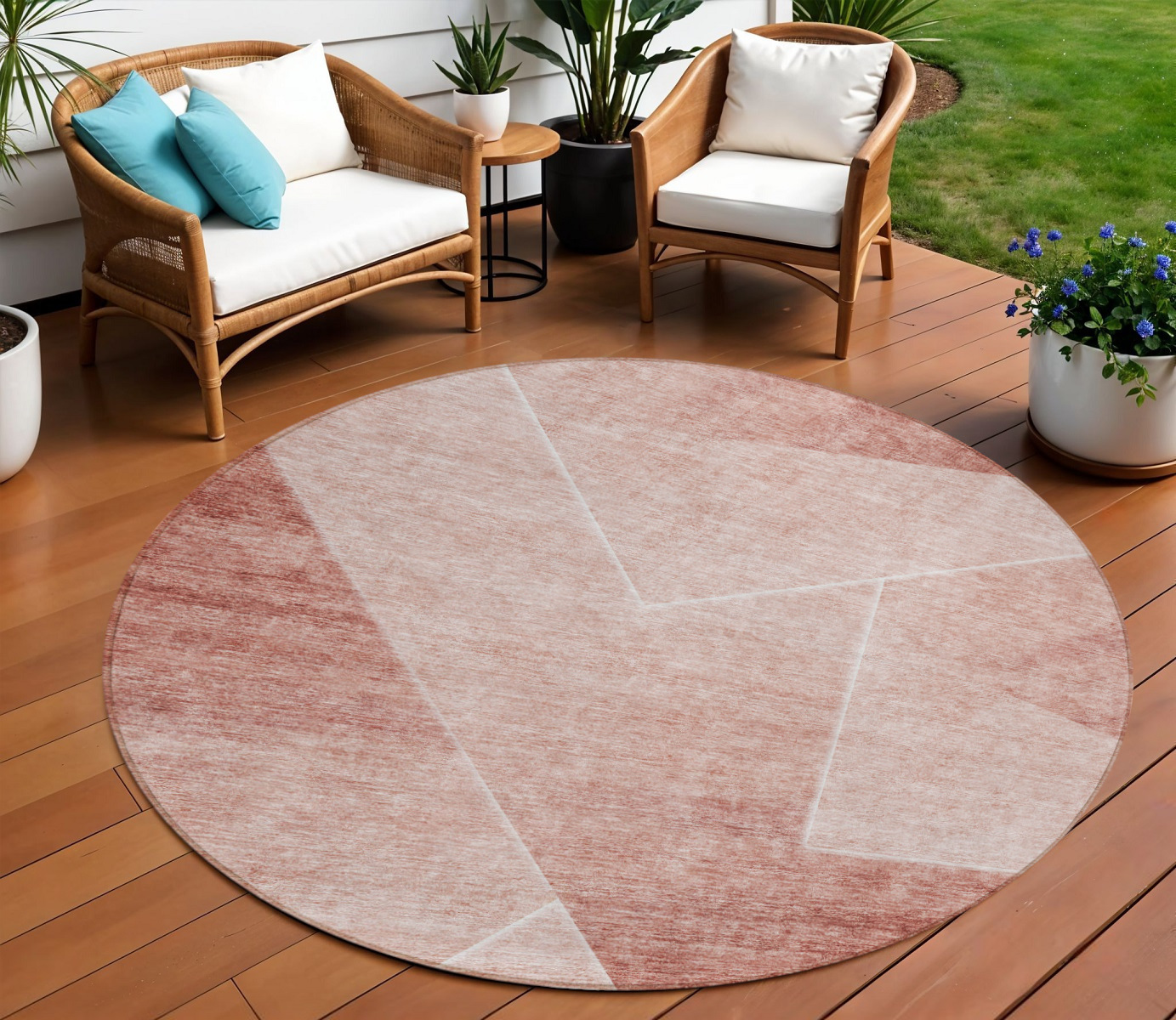 8' Salmon And Ivory Round Abstract Washable Indoor Outdoor Area Rug-586626-1