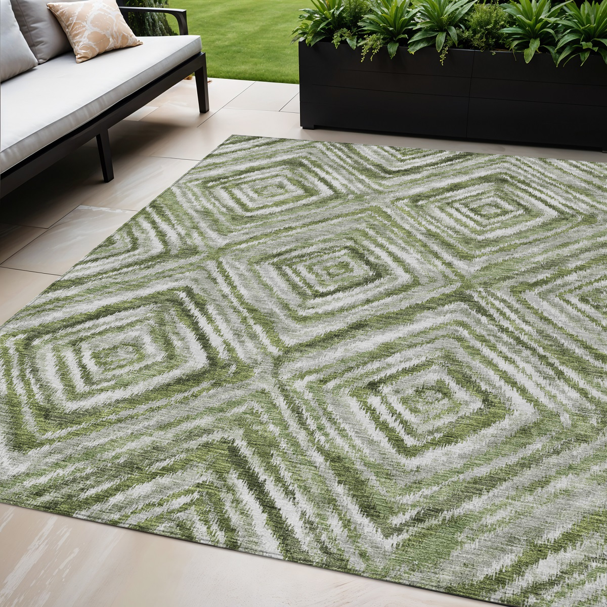 5' X 8' Artichoke Green And Sage Geometric Washable Indoor Outdoor Area Rug-586655-1