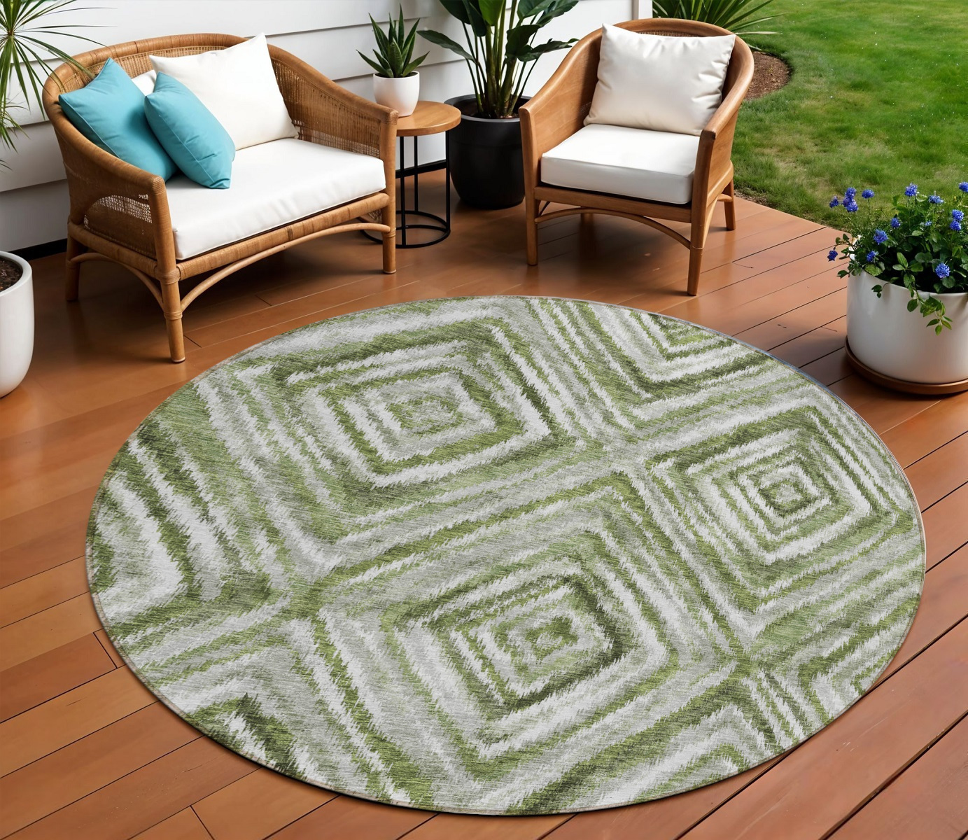 8' Artichoke Green And Sage Round Geometric Washable Indoor Outdoor Area Rug-586656-1