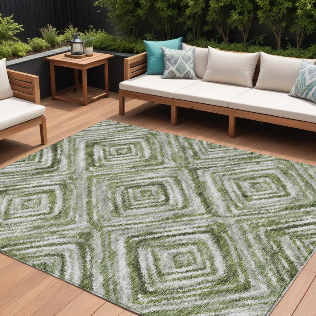 10' X 14' Artichoke Green And Sage Geometric Washable Indoor Outdoor Area Rug-586659-1