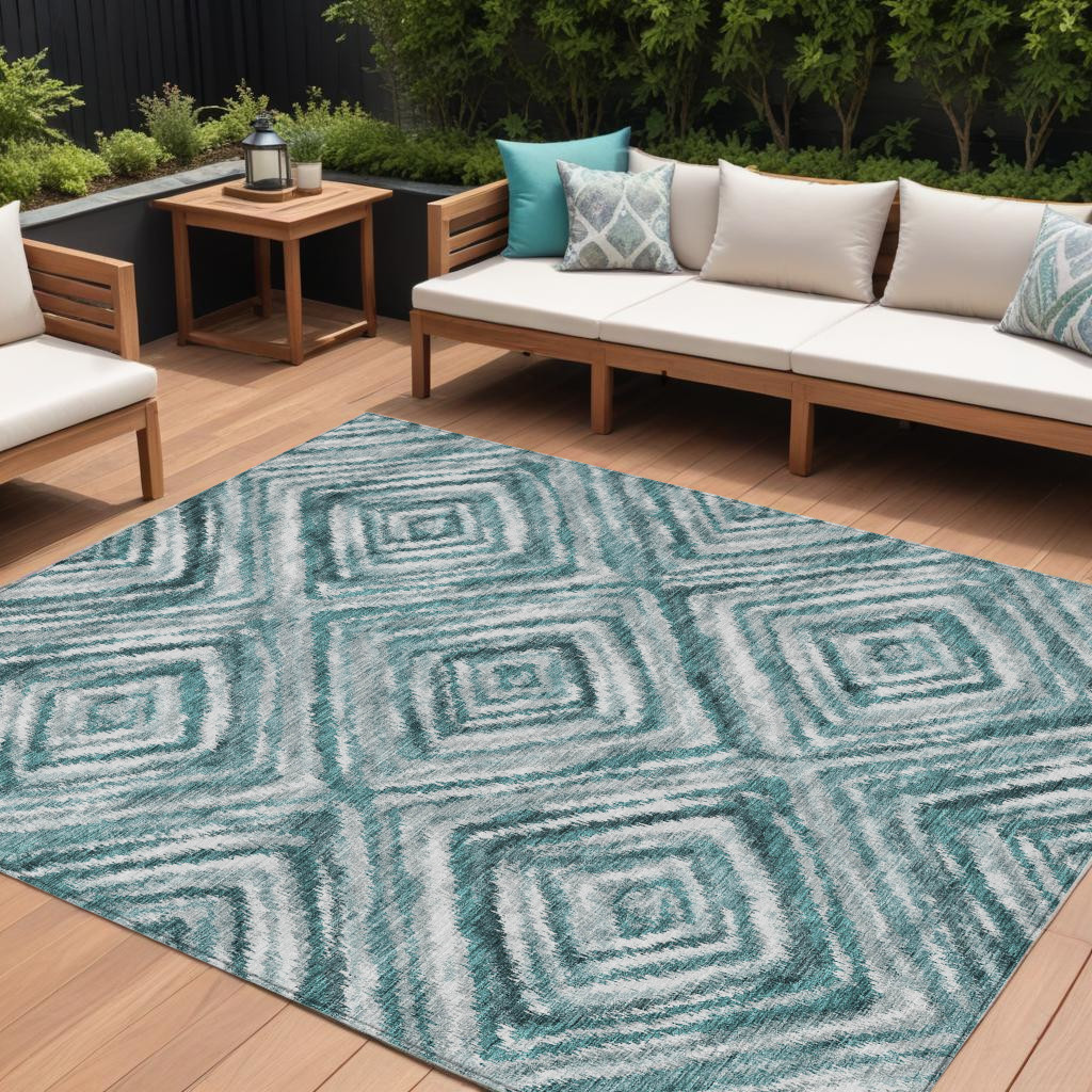 9' X 12' Teal Blue Aqua And Gray Geometric Washable Indoor Outdoor Area Rug