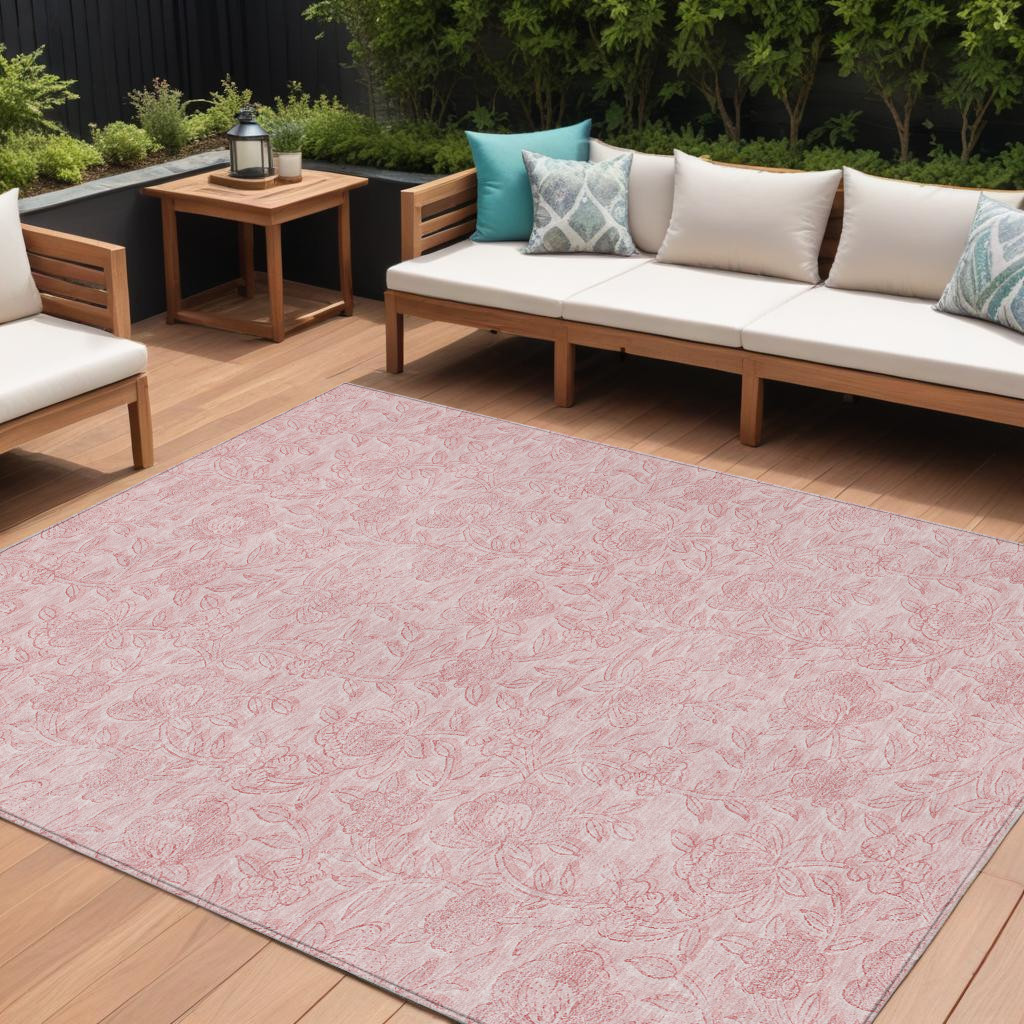 10' X 14' Pink And Red Floral Washable Indoor Outdoor Area Rug-586719-1