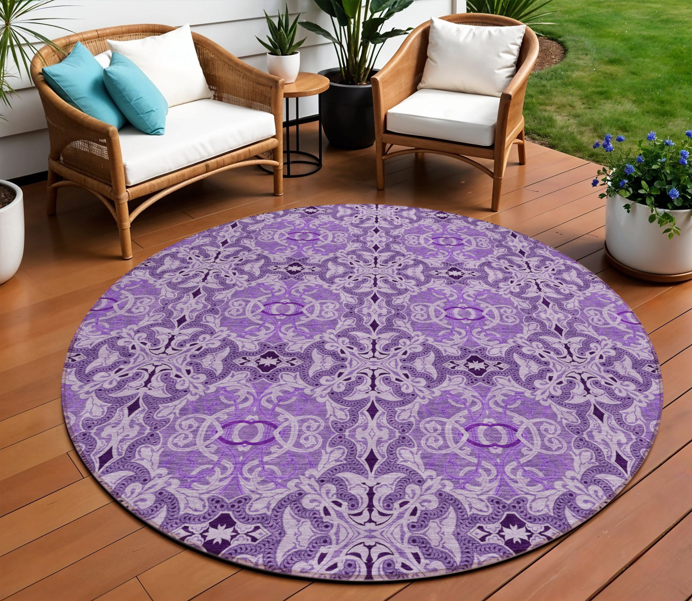 8' Purple And Lavender Round Medallion Washable Indoor Outdoor Area Rug-586764-1
