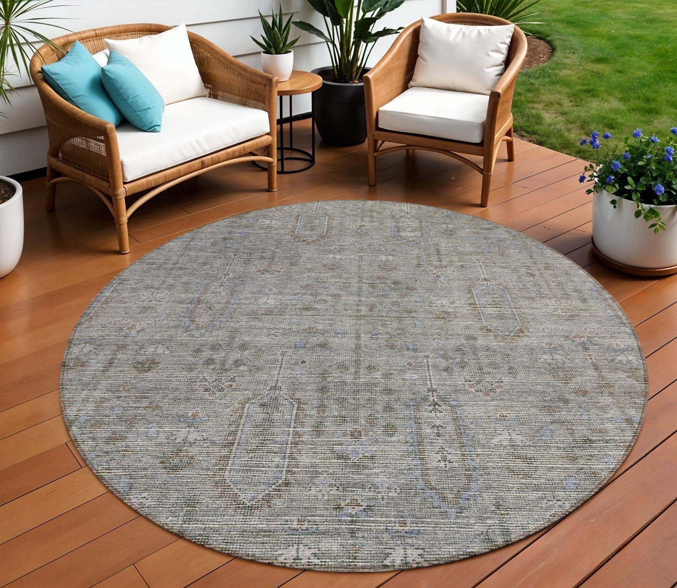 8' Gray And Silver Round Southwestern Washable Indoor Outdoor Area Rug-587052-1
