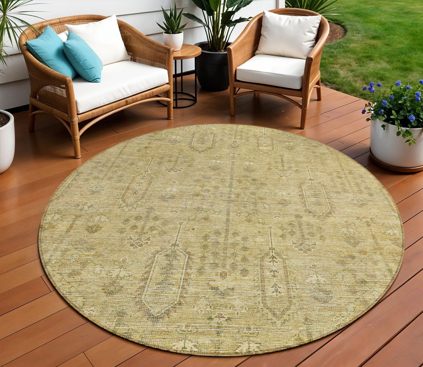8' Gold And Taupe Round Southwestern Washable Indoor Outdoor Area Rug-587058-1