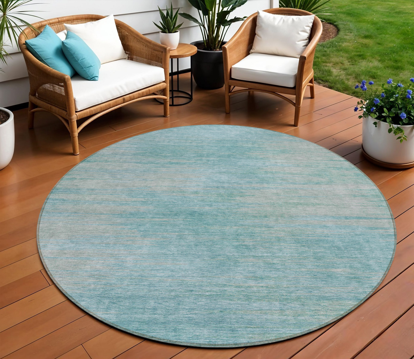 8' Aqua Teal Blue And Gray Round Abstract Washable Indoor Outdoor Area Rug-587196-1