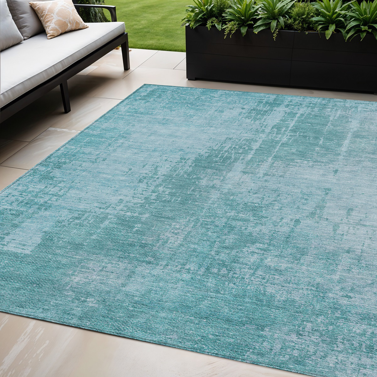 5' X 8' Aqua Teal Blue And Gray Abstract Washable Indoor Outdoor Area Rug-587255-1