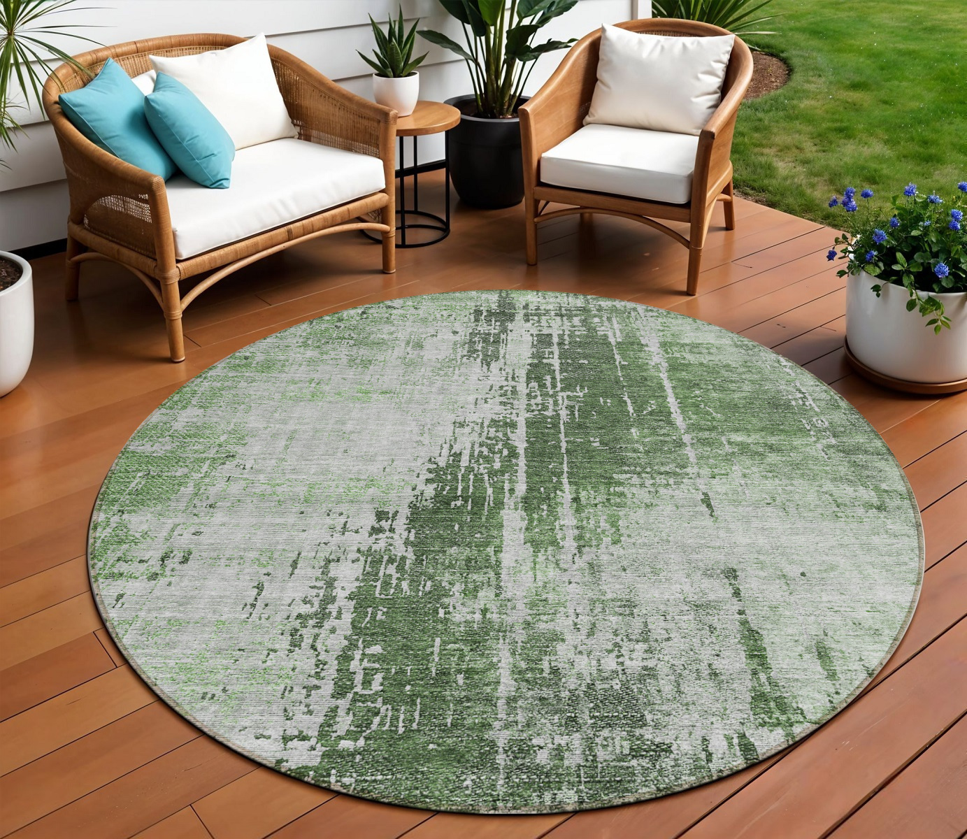 8' Fern Green And Green Round Abstract Washable Indoor Outdoor Area Rug-587274-1