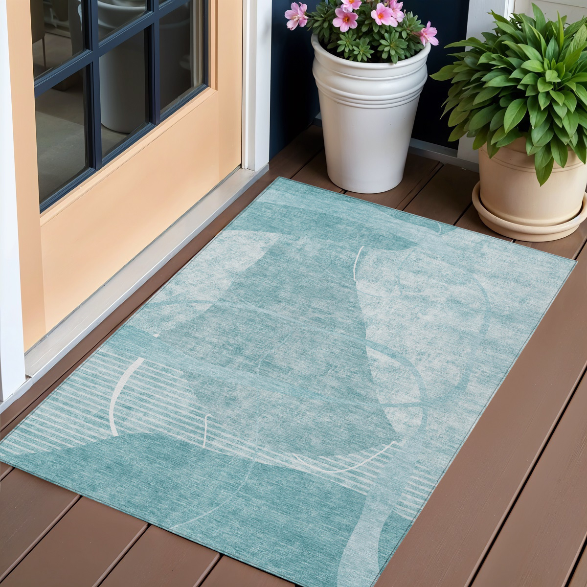 3' X 5' Turquoise Teal Blue And Ivory Abstract Washable Indoor Outdoor Area Rug-587608-1