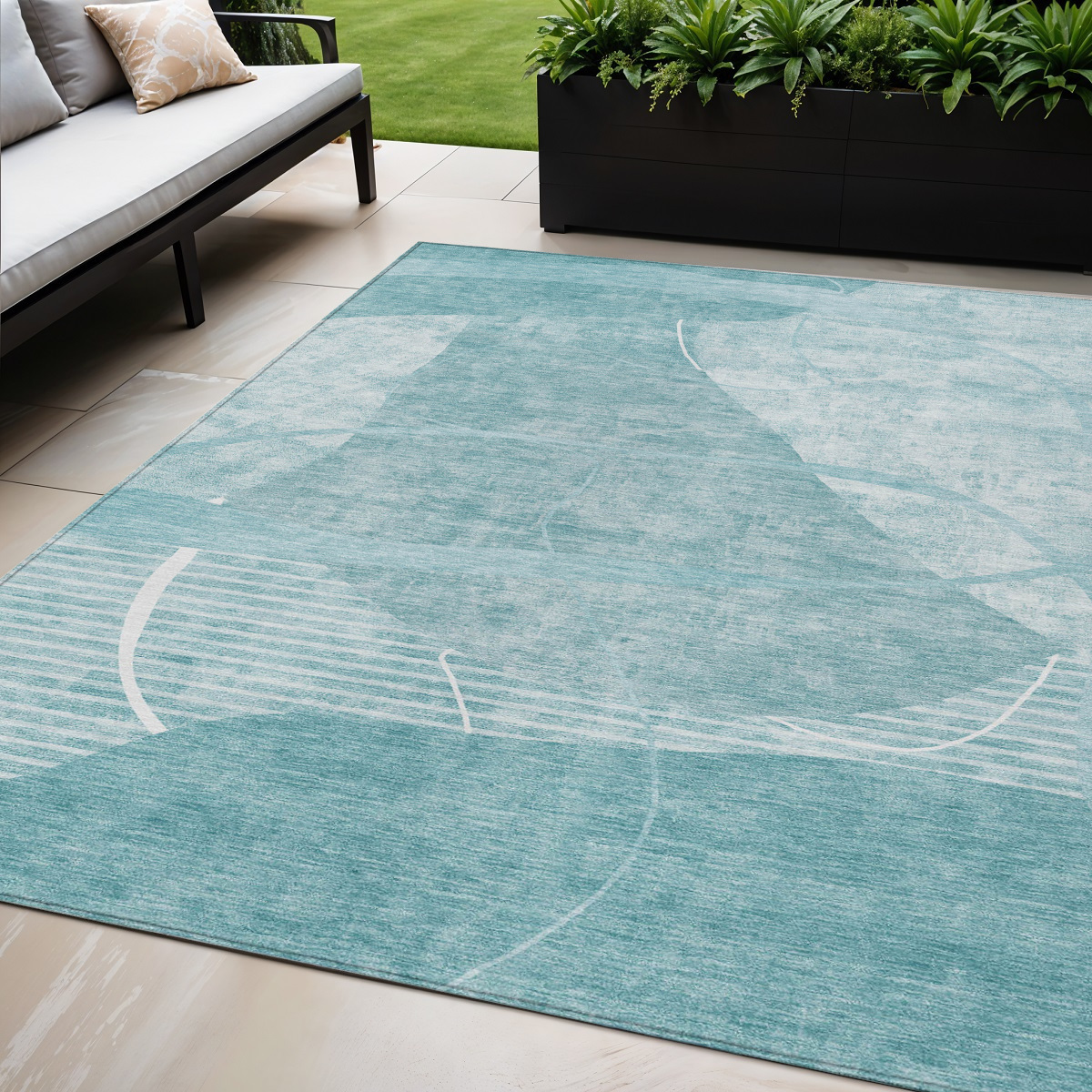 5' X 8' Turquoise Teal Blue And Ivory Abstract Washable Indoor Outdoor Area Rug-587609-1