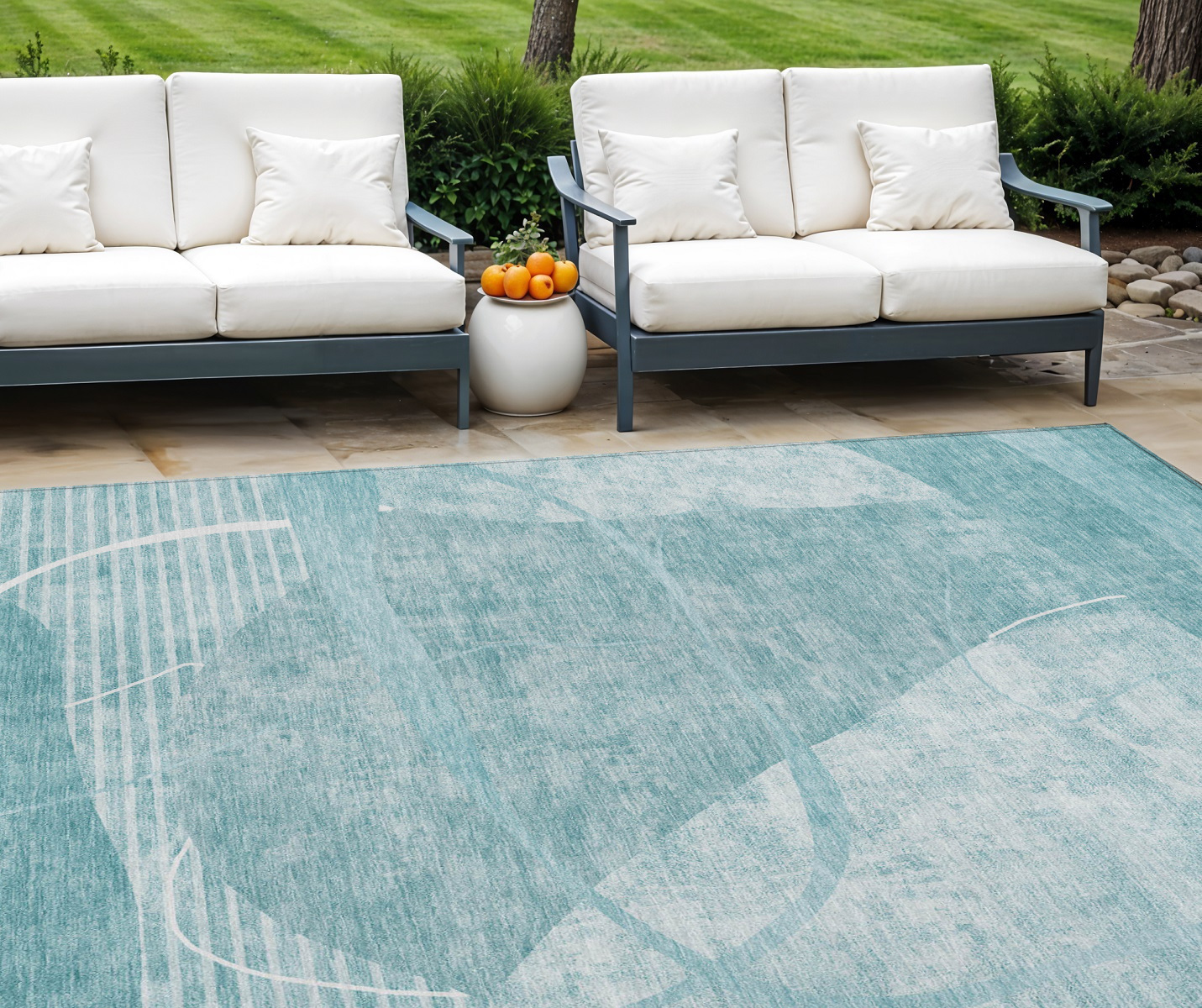 9' X 12' Turquoise Teal Blue And Ivory Abstract Washable Indoor Outdoor Area Rug-587612-1
