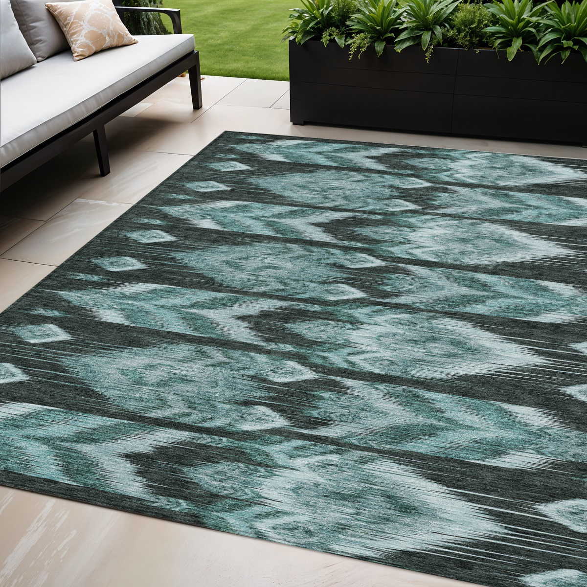 5' X 8' Teal Blue Aqua And Charcoal Southwestern Washable Indoor Outdoor Area Rug-587831-1