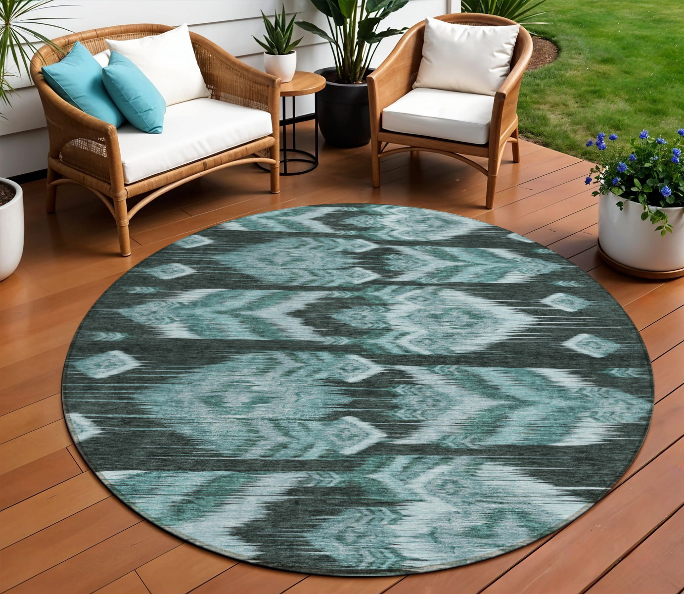 8' Teal Blue Aqua And Charcoal Round Southwestern Washable Indoor Outdoor Area Rug-587832-1