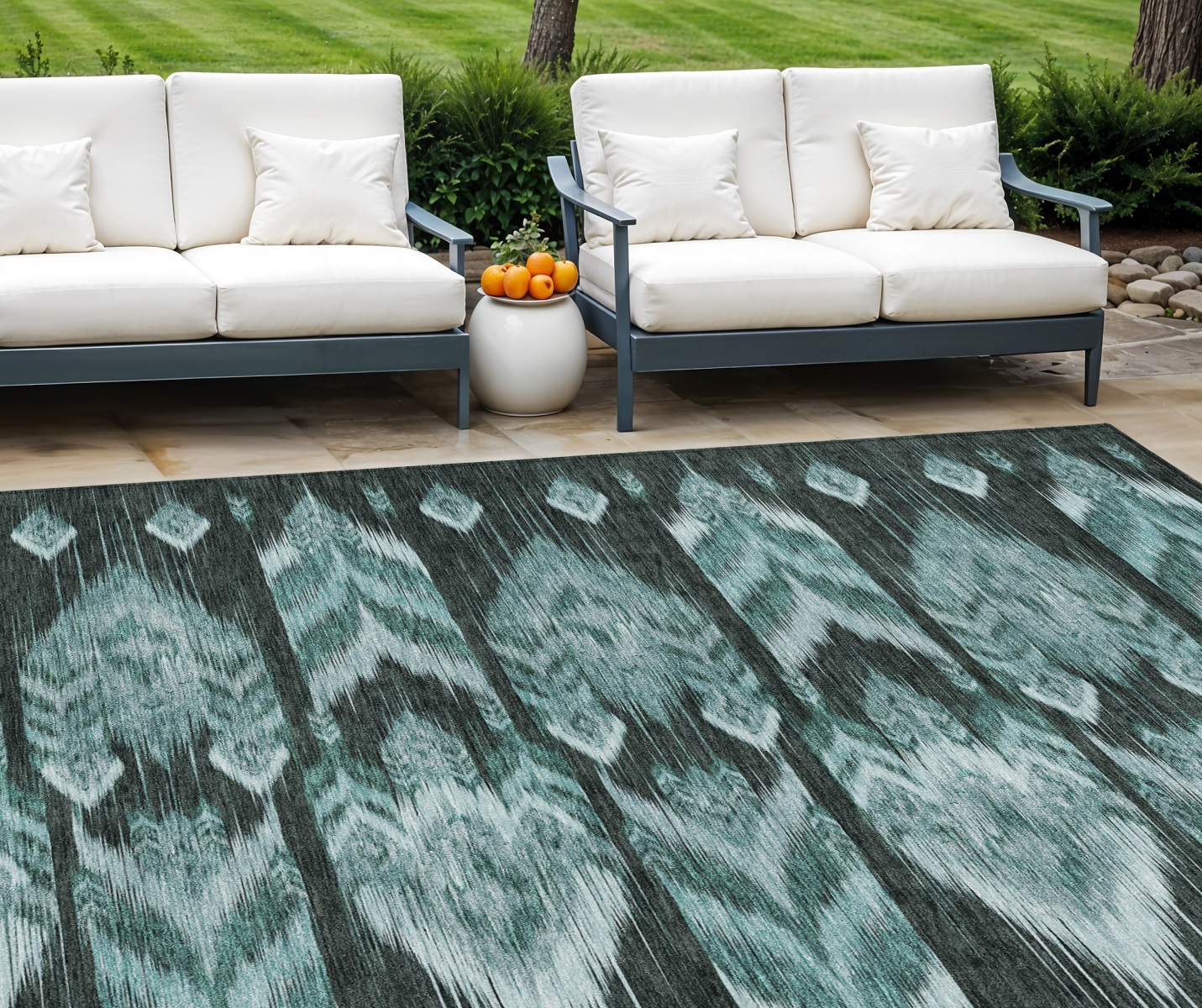 8' X 10' Teal Blue Aqua And Charcoal Southwestern Washable Indoor Outdoor Area Rug-587833-1