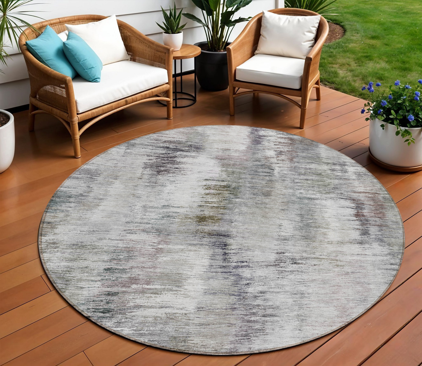 8' Taupe Gray And Silver Round Abstract Washable Indoor Outdoor Area Rug-587862-1