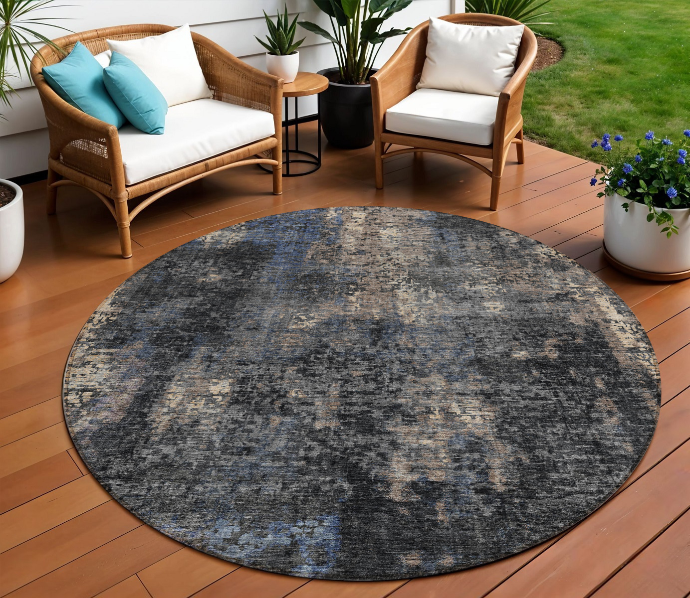 8' Charcoal Gray And Silver Round Abstract Washable Indoor Outdoor Area Rug-587892-1