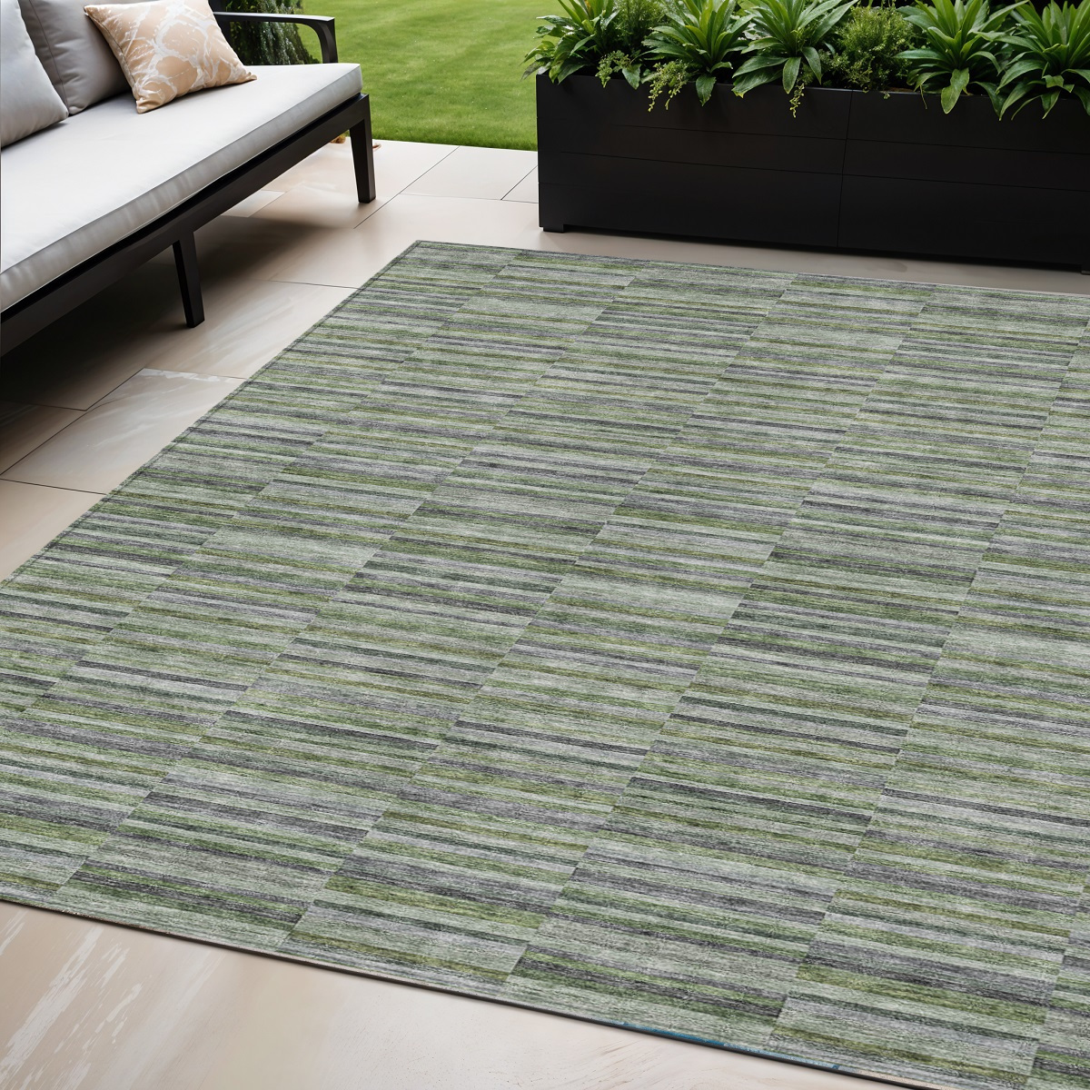 5' X 8' Olive Green And Gray Striped Washable Indoor Outdoor Area Rug-587915-1