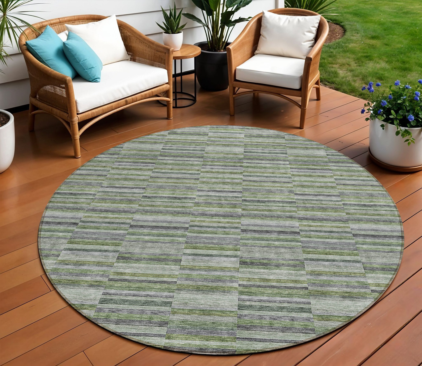 8' Olive Green And Gray Round Striped Washable Indoor Outdoor Area Rug-587916-1