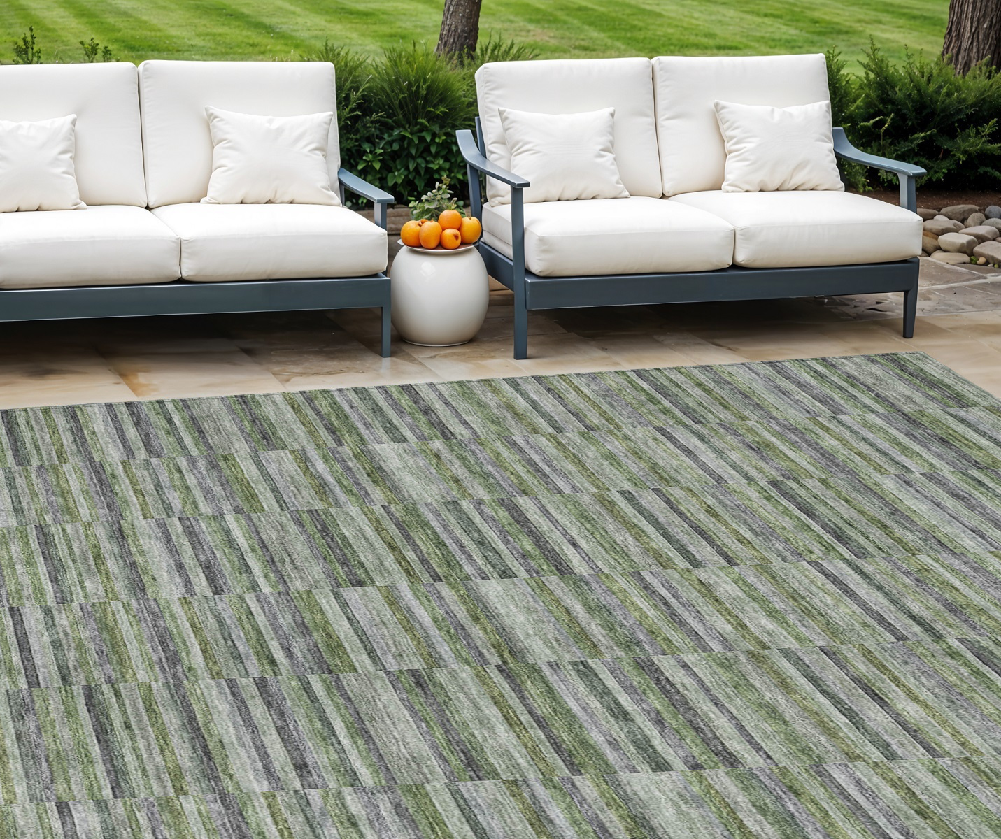 9' X 12' Olive Green And Gray Striped Washable Indoor Outdoor Area Rug-587918-1