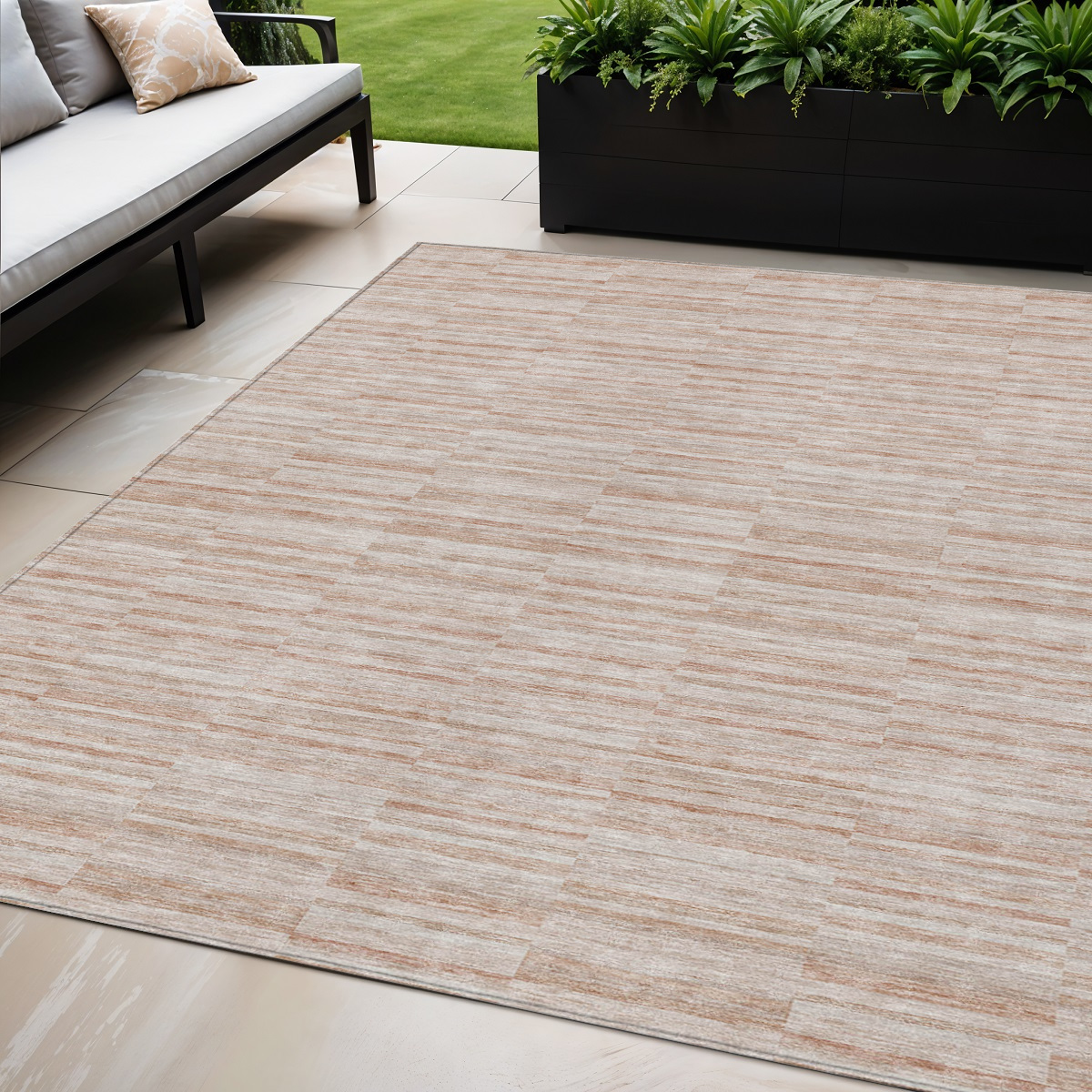 5' X 8' Salmon Copper And Beige Striped Washable Indoor Outdoor Area Rug-587969-1